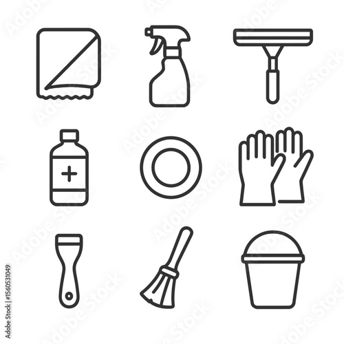 Glass Cleaning Tools Icons. Outline icon set of glass tabletop maintenance tools: microfibre cloth, spray bottle, squeegee,