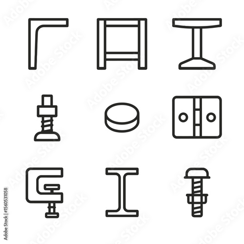 Glass Table Support Icons. Outline icon set of glass tabletop support structures: metal leg, wooden frame, pedestal base,