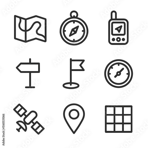 Navigation Icon Set. Outline icon set of GPS navigation and map reading: topographic map, compass, GPS device, trailhead sign,