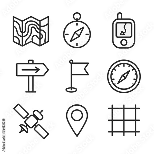 Navigation Icon Set. Outline icon set of GPS navigation and map reading: topographic map, compass, GPS device, trailhead sign,