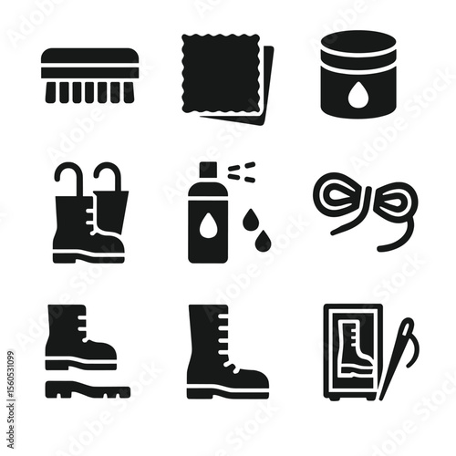 Combat Boot Care Icons. Solid, filled icon set of combat boot maintenance: cleaning brush, polishing cloth, leather conditioner,