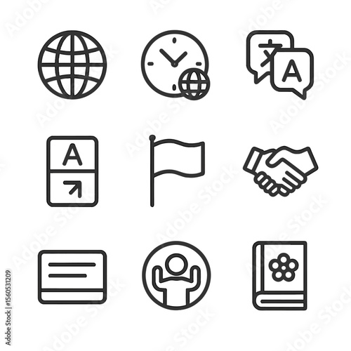 Cultural Icons Grid. Outline icon set of international and cultural considerations: globe, timezone clock, translation bubble,