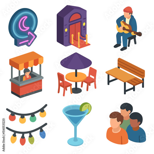 Nightlife Icon Set. Isometric Flat icon set of street nightlife: neon sign, nightclub entrance, street musician, food stall,