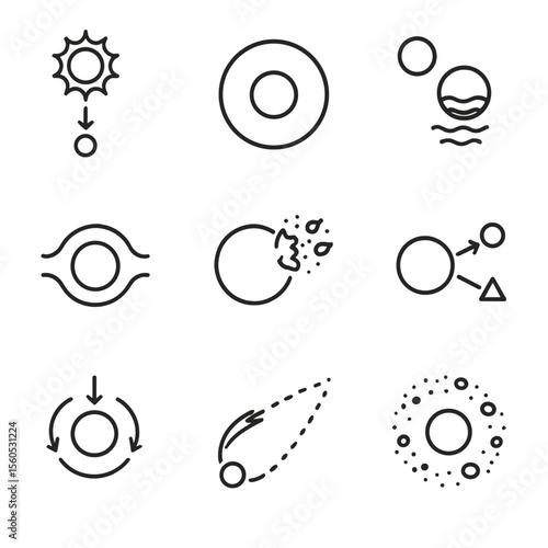 Gravitational Forces Icons. Outline icon set of gravitational forces in the solar system: sun’s pull, planetary orbit, moon’s