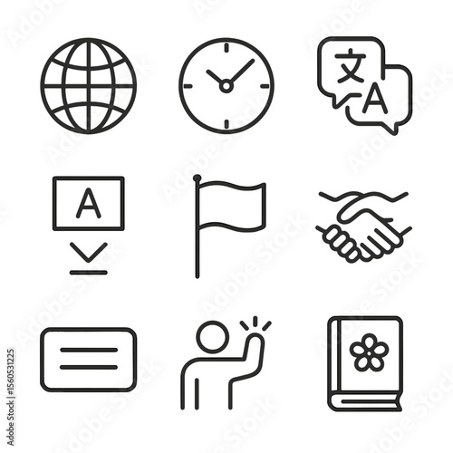 Cultural Icons Grid. Outline icon set of international and cultural considerations: globe, timezone clock, translation bubble,