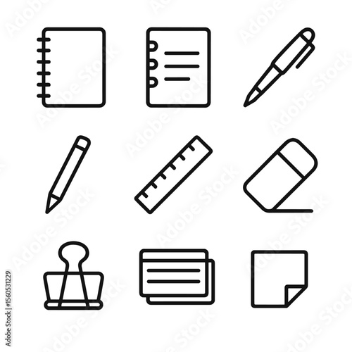 Note-Taking Icons Grid. Outline icon set of Note-Taking Supplies: spiral notebook, loose leaf paper, fountain pen, pencil, ruler,