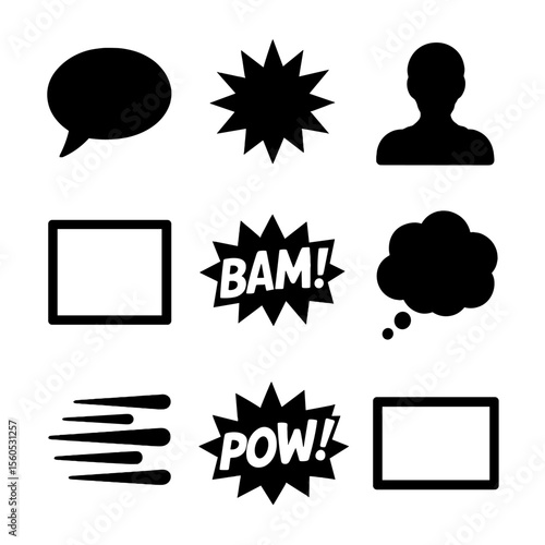 Comic Strip Icons Grid. Solid, Filled icon set of comic strip panels: speech bubble, action starburst, character silhouette, panel