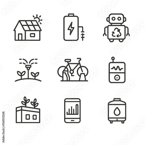 Green City Icons. Outline icon set of green smart city services: rooftop solar panel, microgrid battery, waste-sorting robot,