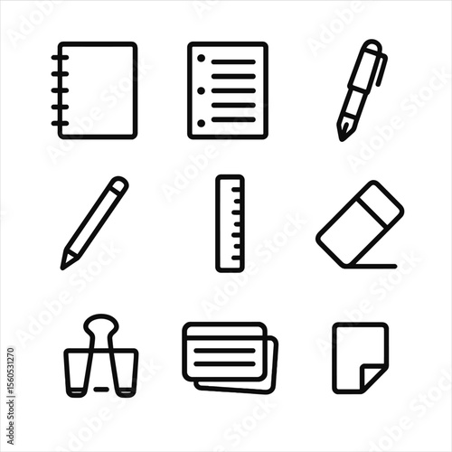 Note-Taking Icons Grid. Outline icon set of Note-Taking Supplies: spiral notebook, loose leaf paper, fountain pen, pencil, ruler,