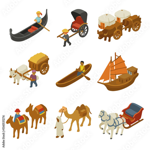 Cultural Transport Icons. Isometric Flat icon set of cultural transport and travel symbols: Venetian gondola, Japanese rickshaw,