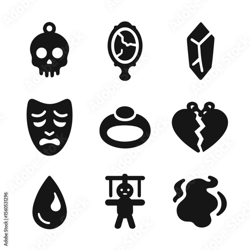 Cursed Relic Icons. Solid, filled icon set of cursed relics: skull talisman, cursed mirror, dark crystal, haunted mask, hexed ring