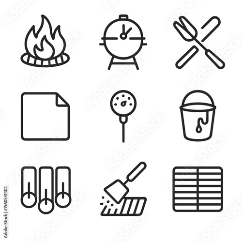 Grill Prep Icons. Outline icon set of pre-clean grill prep steps: burn-off flames, closed lid timer, long-handle tongs, aluminum