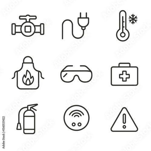 Grill Safety Icons. Outline icon set of grill maintenance safety: gas shut-off valve, unplugged power cord, cooled thermometer,