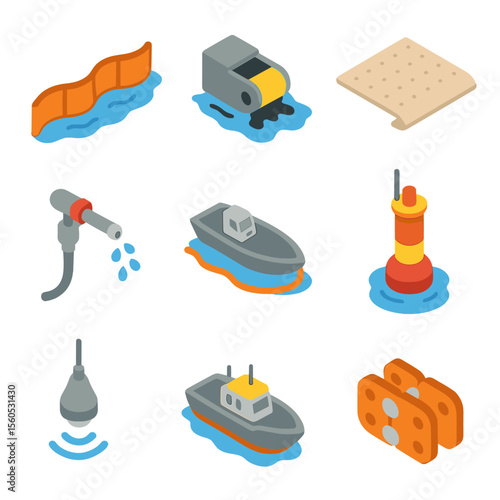 Oil Spill Response Icons. Isometric Flat icon set of oil spill response buoys: containment boom buoy, oil recovery skimmer,