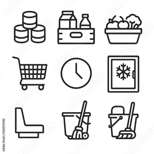 Grocery Icons Grid. Outline icon set of grocery shelf replenishment: canned goods stack, dairy crate, produce tray, bottle