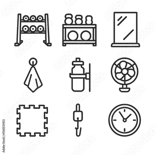 Gym Icons Set. Outline icon set of Gym space organization: weight rack, storage shelf, mirror panel, rubber floor tile, towel hook
