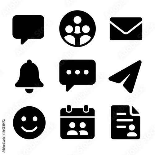 Communication Icons Grid. Solid, filled icon set of team communication methods: speech bubble, group call, inbox mail,