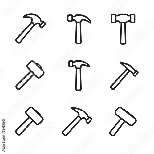Hammer Icon Set. Outline icon set of hammer varieties: claw hammer, ball-peen hammer, sledgehammer, rubber mallet, framing hammer,