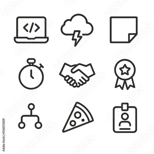 Hackathon Icon Set. Outline icon set of hackathon collaboration: coding laptop, brainstorm cloud, sticky note, sprint timer,