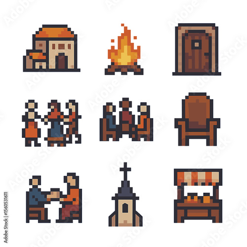 Community Icon Set. Pixel art icon set of community gatherings: village square, bonfire, tavern door, folk dance, meeting circle,