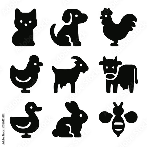 Dacha Animal Icons. Solid, filled icon set of dacha pets and animals: cat, dog, rooster, hen, goat, cow, duck, rabbit, bee. Solid,