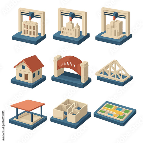 3D-Printed Models Icons. Isometric Flat icon set of 3D-printed architectural models: building facade, landmark replica, cityscape