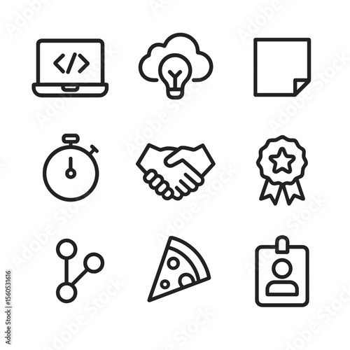 Hackathon Icon Set. Outline icon set of hackathon collaboration: coding laptop, brainstorm cloud, sticky note, sprint timer,
