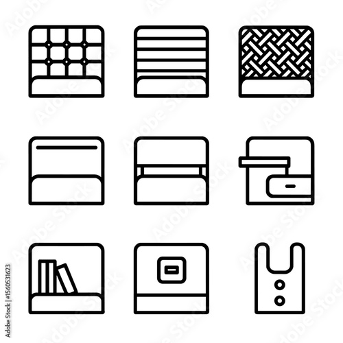 Headboard Icon Set. Outline icon set of headboard panel styles: tufted cushion, slatted wood plank, rattan weave insert, LED strip