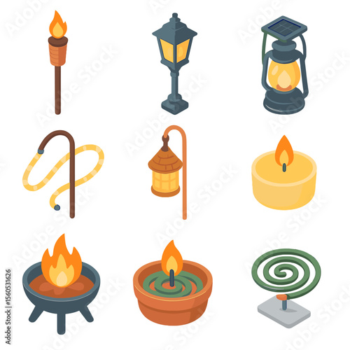 Outdoor Lighting Icons. Isometric Flat icon set of outdoor lanterns and torches: tiki torch, lantern post, solar lantern,