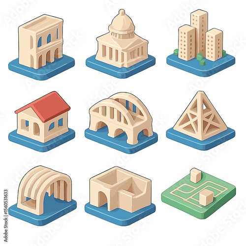 3D-Printed Models Icons. Isometric Flat icon set of 3D-printed architectural models: building facade, landmark replica, cityscape