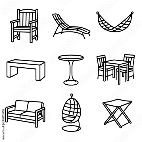 Outdoor Furniture Icons. Outline icon set of Outdoor Stylish Furniture: teak patio chair, rattan lounge chair, rope hammock,
