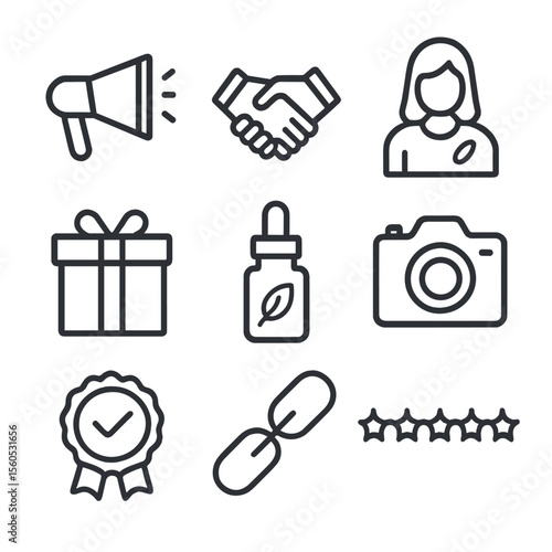Health Partnerships Icons. Outline icon set of influencer partnerships in health and wellness: megaphone, handshake, influencer