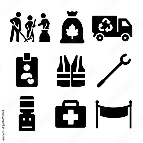 Community Cleanup Icons. Solid, Filled icon set of community cleanup day: group raking, leaf bagging, recycle truck, volunteer