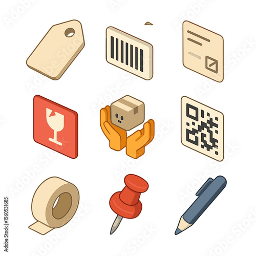 Isometric Packaging Icons. Isometric Flat icon set of crate and packaging labels: label tag, barcode sticker, shipping label,