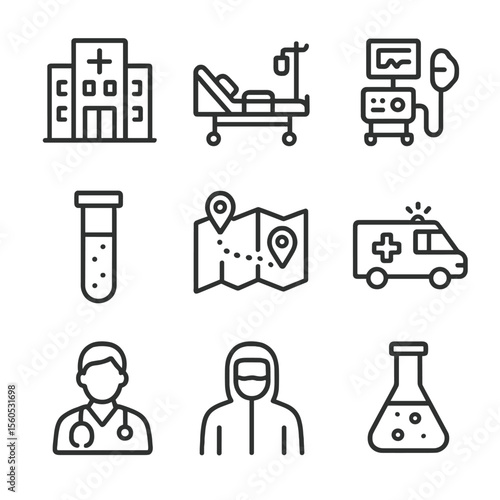 Healthcare Icons Set. Outline icon set of healthcare response tools: hospital building, ICU bed, ventilator machine, health worker