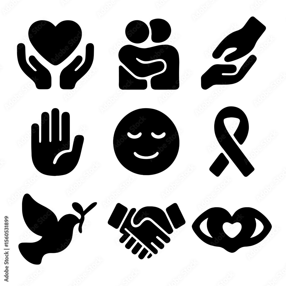 Fototapeta premium Compassion Icons Grid. Solid, filled icon set of compassion symbols: heart with hands, hugging figures, helping hand, open palm,
