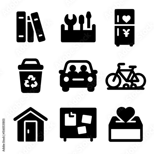 Community Resource Icons. Solid, filled icon set of shared resources: library books, tool sharing box, community fridge, recycling