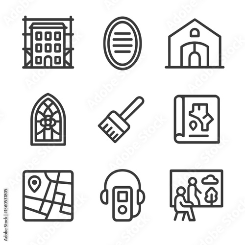 Heritage Preservation Icons. Outline icon set of heritage preservation elements: historic façade scaffold, conservation plaque,