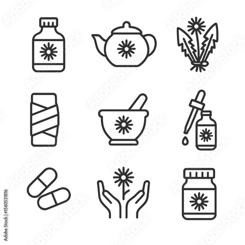 Dandelion Medicinal Icon Set. Outline icon set of dandelion medicinal uses: herbal tincture bottle, infusion teapot, dried herb