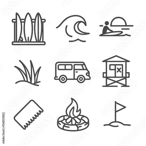 Hidden Surfing Sanctuary. Outline icon set of hidden surfing sanctuary: surfboard rack, point-break wave, dawn paddle silhouette,