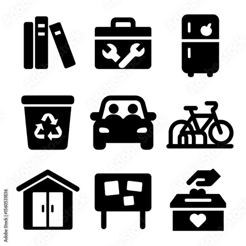 Community Resource Icons. Solid, filled icon set of shared resources: library books, tool sharing box, community fridge, recycling