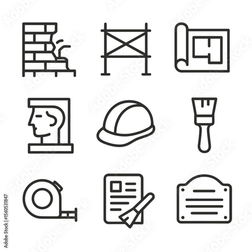Heritage Restoration Icons. Outline icon set of heritage site restoration: crumbling wall, scaffolding, blueprint roll, stone