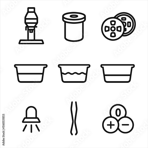 Darkroom Tools Icons. Outline icon set of darkroom developing tools: enlarger, developing tank, film reels, developer tray, stop