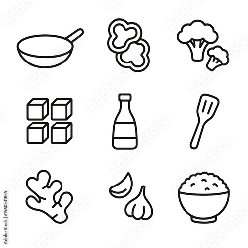 Healthy Stir-Fry Icons. Outline icon set of healthy stir-fry dinner: wok pan, sliced bell peppers, broccoli florets, tofu cubes,