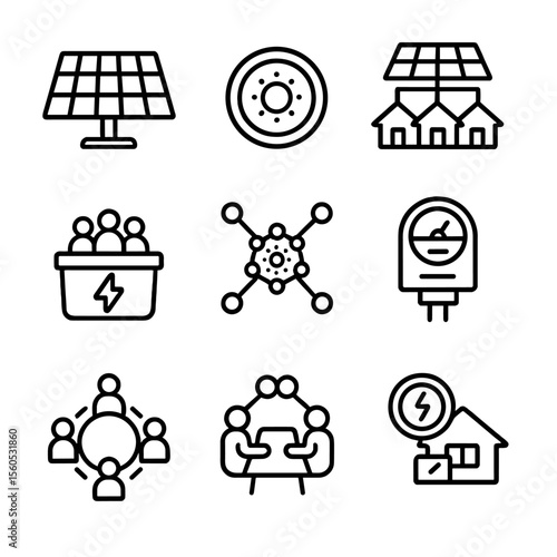 Community Solar Icon Set. Outline icon set of community solar projects: shared array, subscription token, neighborhood microgrid,
