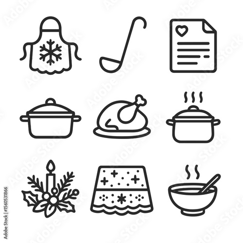 Holiday Cooking Icons. Outline icon set of holiday cooking traditions: decorated apron, ladle, family recipe card, casserole dish,