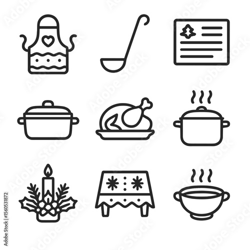 Holiday Cooking Icons. Outline icon set of holiday cooking traditions: decorated apron, ladle, family recipe card, casserole dish,