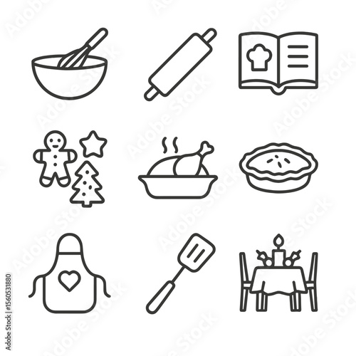 Holiday Cooking Icons. Outline icon set of cooking holiday dishes together: mixing bowl, rolling pin, recipe book, holiday cookies