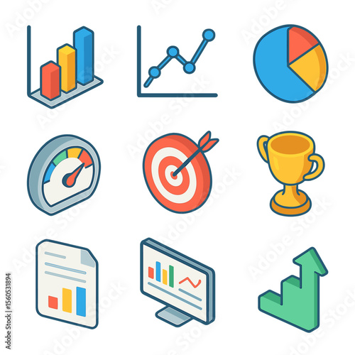 Performance Metrics Icons. Isometric Flat icon set of Performance Metrics and KPIs: bar chart, line graph, pie chart, speedometer
