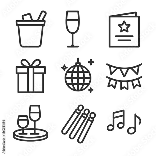 Holiday Party Icons. Outline icon set of Holiday party essentials: ice bucket, flute glass, invitation card, wrapped gift, disco